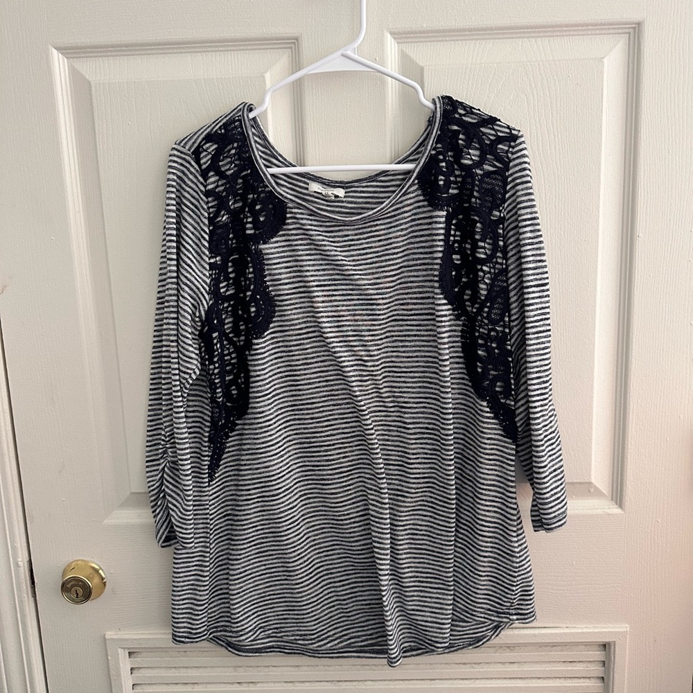 Maurices Navy and White Striped Lace-Shoulder Long Sleeve Top